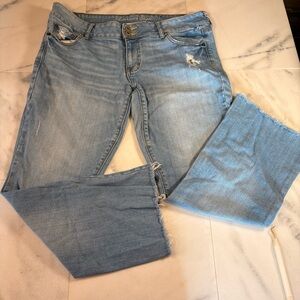 American Eagle Outfitters Light Blue Flare Jeans with Distressed Details